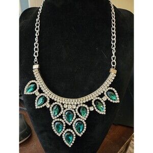 Deep Green + Clear Rhinestone Bib Necklace